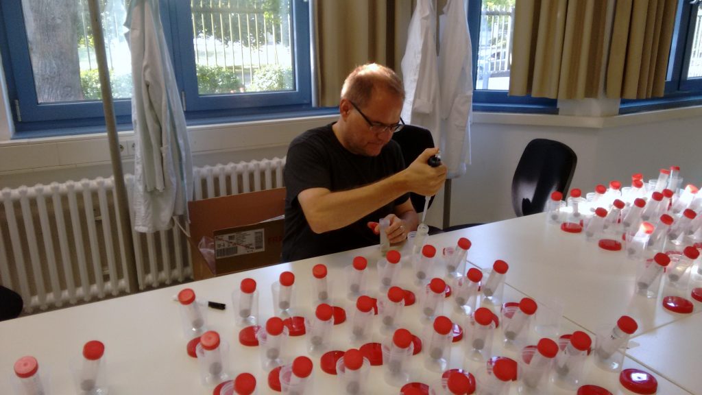 Soil biologist Matthias Rillig preparing an experiment on the influence of various drivers of global change on soil processes and biodiversity, including of microplastic.