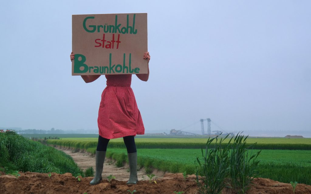 At Kunsthaus Kloster Gravenhorst, artists Scheibe & Güntzel planted a kale field. A box of remaining plants was planted on the enclosure of the Garzweiler lignite mine. The cardboard sign saying "Kale no Coal" was painted by schoolgirls in Hörstel. Image: Scheibe & Güntzel 